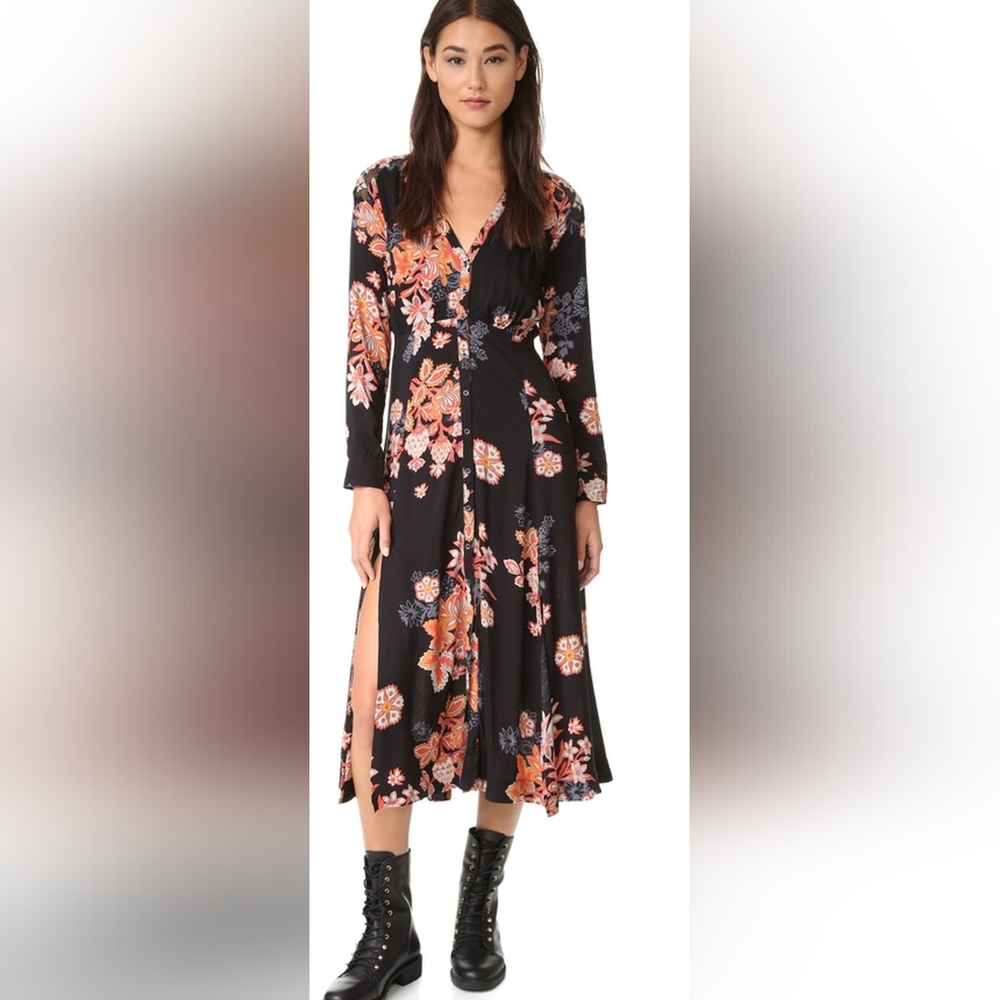 Free People Black Floral Long Sleeve Midi Dress